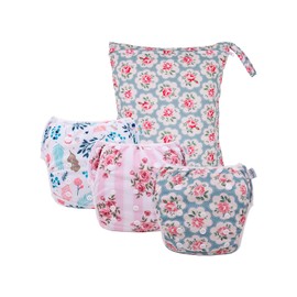 babygoal Reusable Swim Diapers with Wet Bag 4 Pack - Adjustable & Washable Water Diapers for 0-8M Baby Girl Swimming Lessons-Flower Design