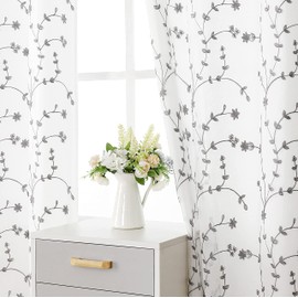 Bujasso White Sheer Curtains 63 Inch Length for Living Room White and Grey Curtain with Embroidery Flowers 2 Layer Lined Privacy Window Curtains Leaf Botanical Patterned Grommet Top Drapes W38 xL63