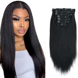 SUNFA 18Inch Yaki Straight Clip in Extensions for Afro Black Women Double Wefts Clip in Hair Extensions #1B Natural Black Real Curly Human Hair Extensions with 17Clips 7 Pieces 120g