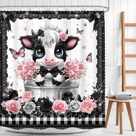 Mitpok Funny Cow Shower Curtain 60Wx72H Black Whiteb Cattle Cute Bull Bow Farm Animal Farmhouse Pink Flower Lace Coquette Bathroom Decor Butterfly Plaid Bath Curtain Fabric Polyester 12 Pack Hooks