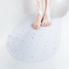 HITSLAM Oval Bath Mat Non Slip Anti Mould, 68 x 38 CM Anti Slip Shower Mat for Bathroom, Machine Washable Bubble Bathtub mat with Suction Cups and Drain Holes, Soft on Feet, White