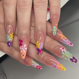 BAOYAALIN Stiletto Press on Nails Long Almond Fake Nails with Colorful Flower Design Acrylic Glue on Nails for Women Girls Full Cover Artificial False Stick on Nail for Daily Wear Wedding 24Pcs