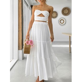 ANRABESS Women’s Summer Boho Flowy Swing Tiered A-Line Maxi Skirt 2025 Fashion Trendy Elastic Waist Pleated Long Beach Dress with Pockets White X-Large
