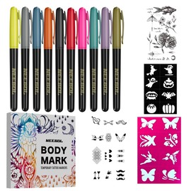 Set de Marcadores temporales de tatuaje,con Marcador de Tatuaje Temporal de 10 colores,2hojas de Tatuajes Plantillas,2 hojas Tatuajes Resplandor,Henna para tatuajes para Hombres y Mujeres