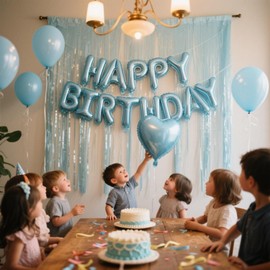 WEIKA 29 Pcs Light Blue Birthday Party Decorations - Happy Birthday Balloons Banner Blue, Heart & Star Foil Balloons, Confetti & Latex Balloons, Foil Fringe Curtains Party Supplies for Girls Boys
