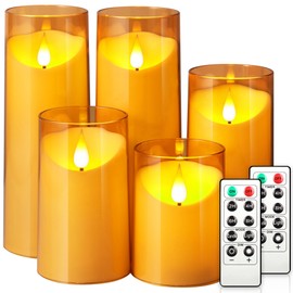 NURADA Flickering Flameless Candles: Acrylic LED Pillar Candles Battery Operated with Remote and Timer Candle for Romantic Ambiance and Home Table Bathroom Decor, Gold, Pack of 5