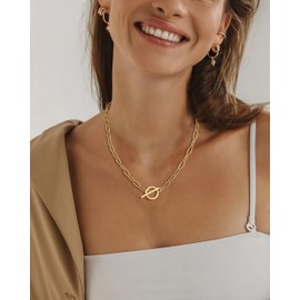 Adramata Necklace Women's Gold Stackable 14K Gold-Plated Chain Set Trendy Cuban Link Paper Clip Chain with Toggle Clasp Silver Chain Waterproof Jewellery