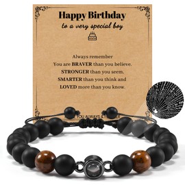 YELUWA Gifts for Husband, Son, Grandson, Dad, Birthday Child, I Love You in 100 Languages, Adjustable Bracelet for Men, Teenagers, Boys, Stainless steel, natural black agate stone, tiger's eye stone,
