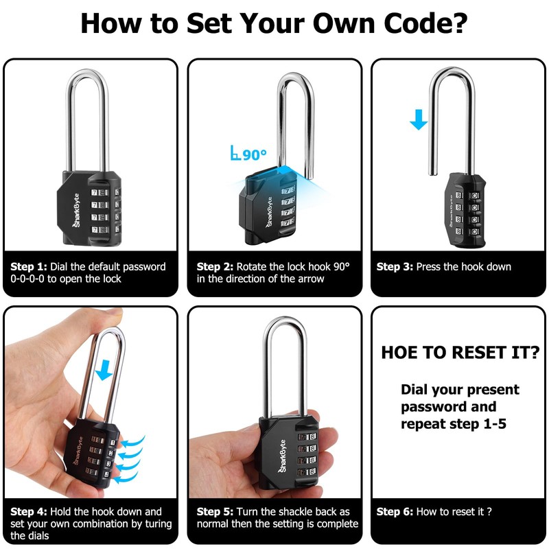 SharkByte Combination Long Padlock [2.6" Long Shackle] 4 Dial Heavy