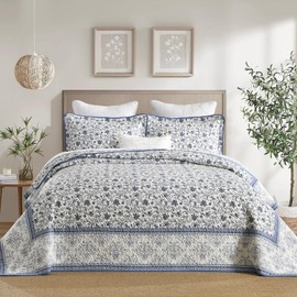 VatinHK 100% Cotton Quilt Set King Size - Breathable Grayish Blue Floral King Bedspreads, Classic Lightweight Paisley Bedding Quilt Sets, 3 Pieces Farmhouse Botanical Coverlet Set, 106"x98"