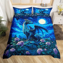 Homewish Western Fantasy Dragon 135 x 200 cm Bed Linen Set, Rose Floral Galaxy Duvet Cover for Children, Girls, Boys, Moon and Stars Flower Bed Set, Cartoon Dragon Duvet Cover (no comforter)