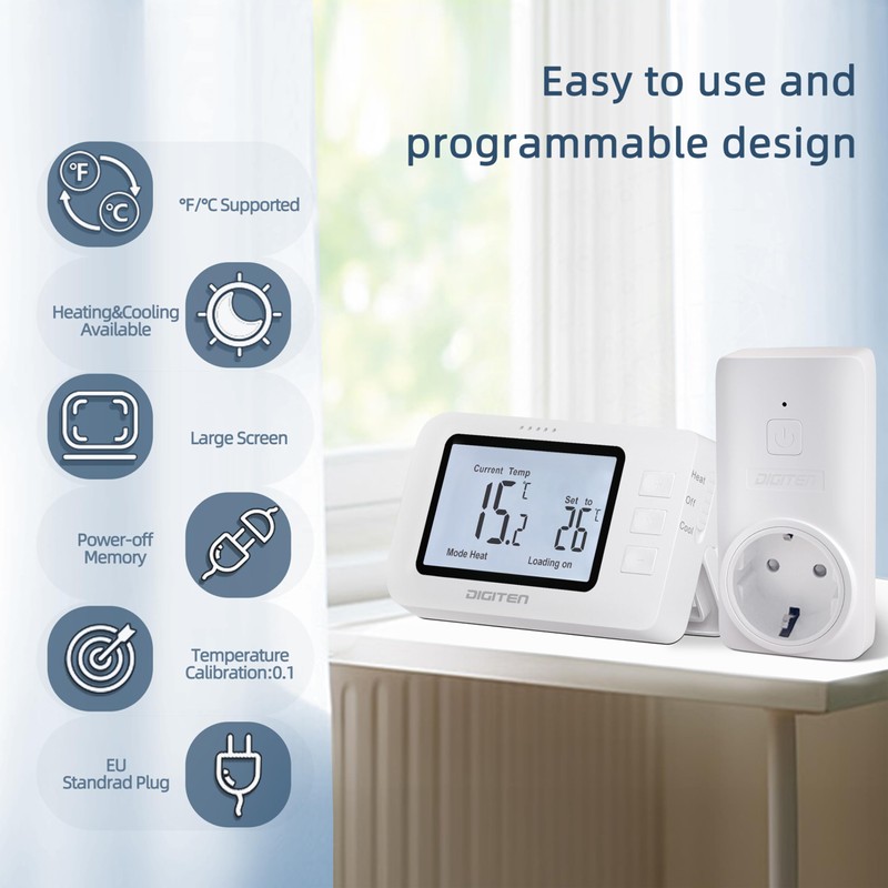 Heating controller for DIY installations, plug thermostat, set on heating