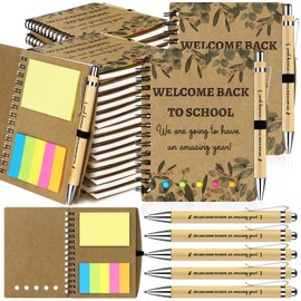 30Sets Welcome Back to School Gifts Bulk Spiral Notebooks with Sticky Notes, Ballpoint Pens First Day of School Gifts for Classroom Teacher Rewards Prize Goodie Bag Stuffers Eucalyptus Design (Brown)
