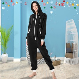 Laahoem Unisex Adult Pajamas Hooded Men Women Jumpsuit Zip Sportwear Black White Zipper M