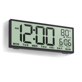 JALL 14.5" Large Digital Wall Clock Battery Operated with Big Digits LCD Screen Display, Day, Date, Alarm, Auto DST, Temperature for Living Room, Bedroom, Desk Decor, Mounted, Gift for Elderly