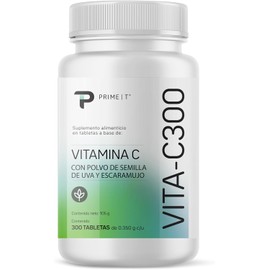 Primetech VITAMINA C, 300 tabletas 300 mg, dósis no tóxica y potente antioxidante, no la produce el cuerpo naturalmente, ayuda a la absorción del colágeno y minerales