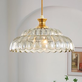 POLITAMP Glass Pendant Light Fixtures, Amber Glass Pendant Lights Kitchen Island, 11.8 inch Brass Ceiling Hanging Lamp,Mid Century 1-Light Chandelier Light Fixtures for Bedroom Dining Room
