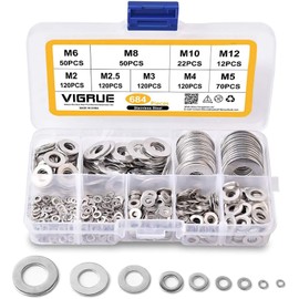 Pack of 684 flat washers, 9 sizes - M2, M2.5, M3, M4, M5, M6, M8, M10, M12 - stainless steel flat and locking washers. Assortment set with flat storage case / box, grey