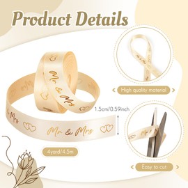Xinnun Wedding Ribbon 4.5 m x 15 mm Mr & Mrs Decorative Wedding Gift Ribbon Heart Decorative Ribbon Wedding Ribbon for Wedding Decoration Wedding Invitations Bridal Bouquets Gifts Packaging DIY