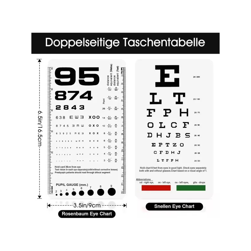 Snellen Rosenbaum 포켓 차트 - 시력 검사용 스넬렌 로젠바움 6.5x3.5인치