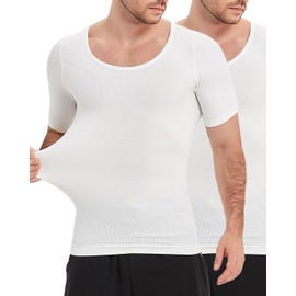 PODFAN Mens Gynecomastia Compression Shirts Short Sleeves, Slimming Undershirts, Shapewear Tank Top, 2 Pack White, 3X-Large