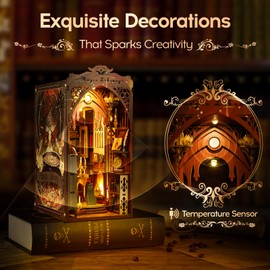 Jioustoy DIY Book Nook Kit for Adult, Booknook Dollhouse Miniature Tiny House Kit 3D Wooden Puzzle Bookend with LED for Bookshelf Insert Decor, Creative Gift for Teens and Adults (Magic Library)