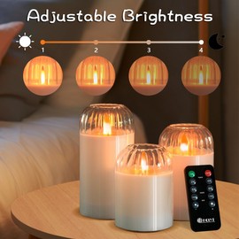 LEDHOLYT Rechargeable Jar Flameless Candle, Flashing LED Pillar Real Wax Candle with Remote Control and Timer, White Pumpkin Glass Electronic Candles for Room Decoration, 1 Set of 3