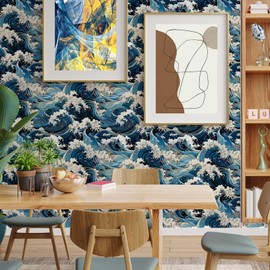 Vinatge Janpanese Sea Wave Blue/Yellow Mosaic Peel and Stick Wallpaper Self Adhesive Wall Paper for Kitchen Cabinet Renter Friendly 14.5sq.ft