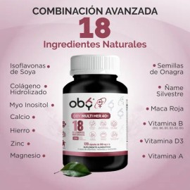 Vitaminas Mujer +40 Años, 120 caps - Isoflavonas de Soya, Maca Roja, Onagra, Inositol, Complejo B, Calcio, Vitaminas y Minerales: Multivitaminico 18 ingredientes