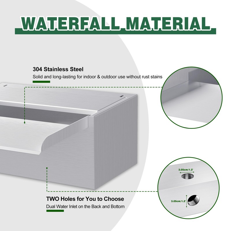 Waterfall Pool Fountain LONGRUNNEW 304 Stainless Steel 9.06" Rectangular Waterfall
