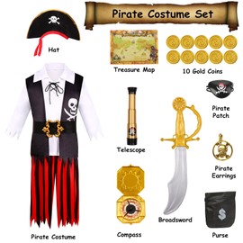 Mrsclaus Pirate Costume Children's Pirate Outfit Accessory Set Boys Pirate Hat Eye Patch Pirate Captain for Carnival Pirate Costume Party 3 4 5 6 7 8 9 10 Years C027XL