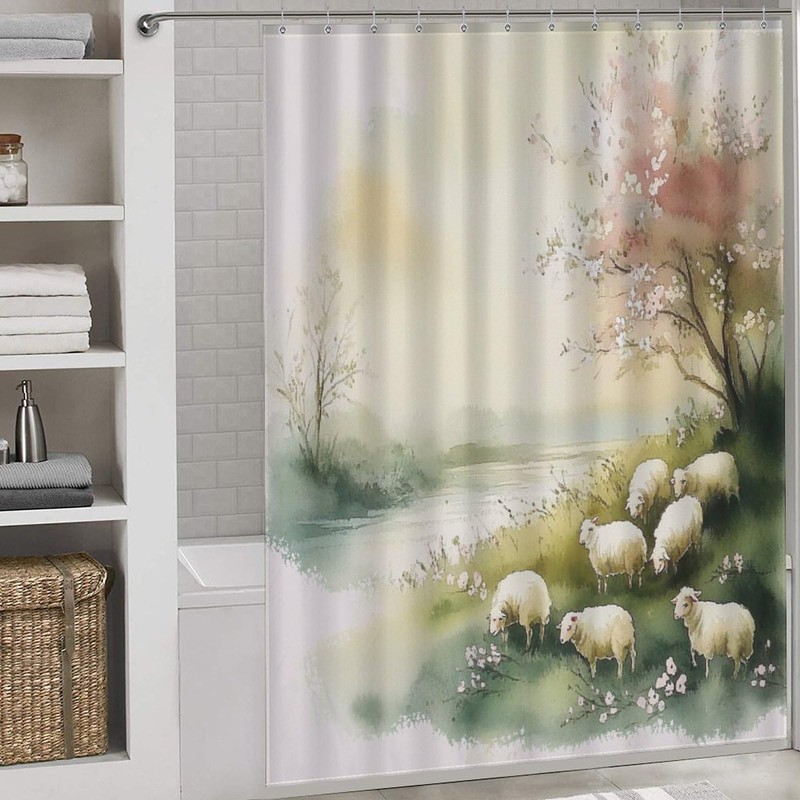 DIPQIMI Casual River Animal Sheep Shower Curtain, Tree Floral Bathroom
