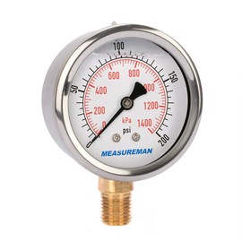 MEASUREMAN 2-1/2inch Dial Size, Liquid Filled Pressure Gauge, 0-200psi/kpa, 304 Stainless Steel Case, 1/4 inchNPT Lower Mount
