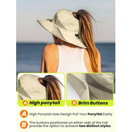 Beach Sun Hats for Women UV Protection with High Ponytail Hole UPF 50+ Fishing Safari Garden Hiking Hat Women Water Resistant Packable Sun Hat Beige