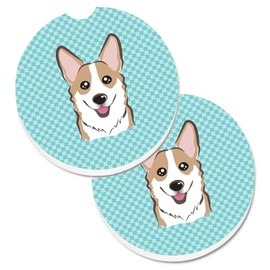 Caroline's Treasures Checkerboard Blue Corgi Set of 2 Cup Holder Car Coasters BB1191CARC, 2.56, Multicolor