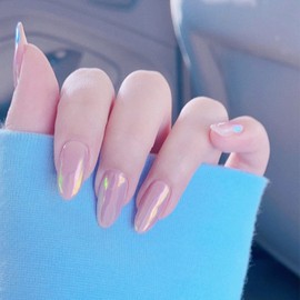 Medium Press on Nails Almond Fake Nails Glossy Glue on Nails Pink Flash Artificial Nails Aurora Stick on Nails Full Cover Acrylic Nails Glossy Cute False Nails for Women and Girls Manicure 24 Pcs