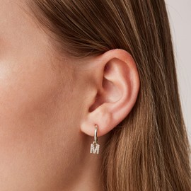 PAVOI 14K White Gold Plated 925 Sterling Silver Post Huggie Earring With Initial Dangle |CZ Initial Huggie Hoop Earrings | Womens Cubic Zirconia "B" Initial Huggies