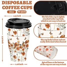 JarThenaAMCS 50 Sets Fall Floral Coffee Cups with Lids and Sleeves 16oz Autumn Wildflower Paper Cups Flower Disposable To Go Coffee Cup for Cafes Shops Cappuccino Chocolate Beverage