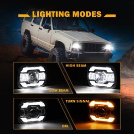 Auxbeam 5x7 7x6 LED Headlights with DRL & Turn Signal High/Low Beam H6054 Led Rectangular Headlight for Jeep Wrangler YJ Cherokee XJ H6054 H5054 H6054LL 69822 6052 6053