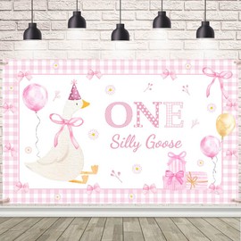 AIBIIN One Silly Goose Backdrop Goose 1st Birthday Banner Our Little Goose is Turning One Goose Theme Pink Plaid Bow Tie Banner Cute Cartoon Birthday Party Decorations 70.8x43.3inch
