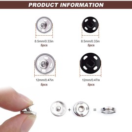 Press Studs Snap Fasteners, 20 Sets Sew on Snap Buttons Metal Clothes Poppers Fastener Black Silver Press Stud for Clothing Sewing-8.5 mm 12mm