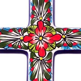 NOVICA Hand Painted Talavera Large Ceramic Wall Cross, Multicolor, 'Jerusalem Rose'