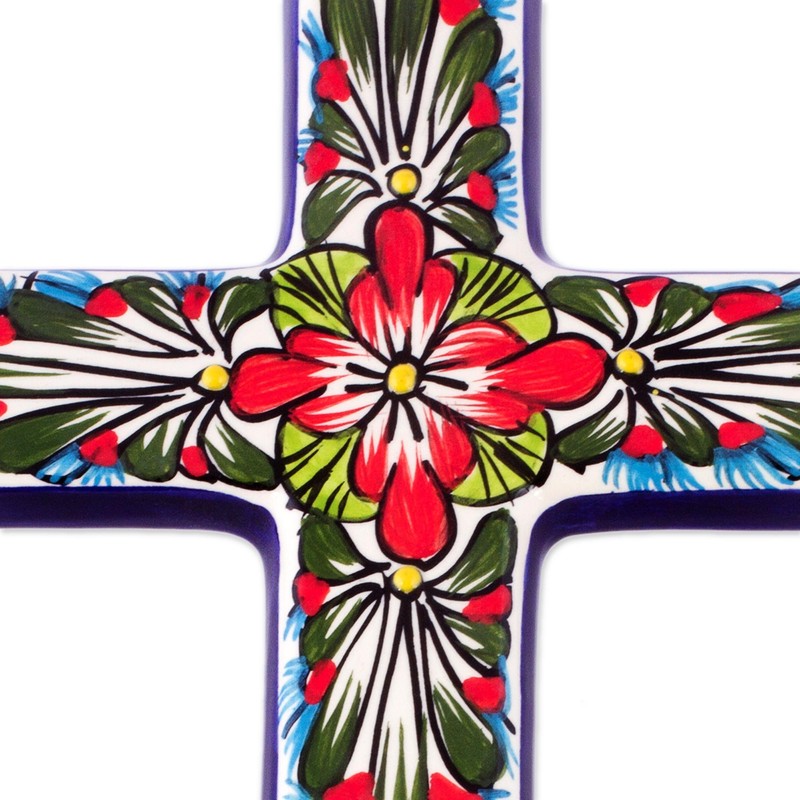 NOVICA Hand Painted Talavera Large Ceramic Wall Cross, Multicolor, 'Jerusalem