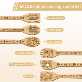 GLOBLELAND 6Pcs Herbal Wooden Spoons Utensil Set Refining Bamboo Carving Kitchen Cooking Utensils Wooden Engraved Cooking Spatula Set for Kitchen Fun House Warming Gift