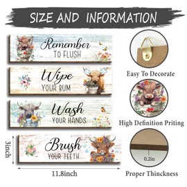 Funny Highland Cow Bathroom Rules Wipe Your Bum Wall Décor for Boy Girl Kids, 4 Pieces Highland Cow Bathroom Wall Decor Signs for Toilet Restroom Bathroom Nursery, Rustic Highland Cow Wooden Farmhouse