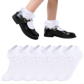 Topbuti 3 Pairs Baby Girl Eyelet Ruffle Lace Socks Frilly Princess Dress Crew Cotton Socks for Newborn Infant Toddler Girls (White)