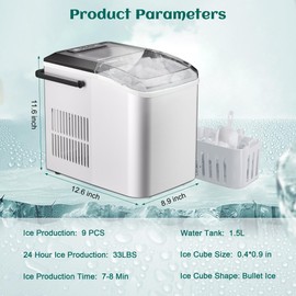 Maine Bullet Ice Maker, Counter Top Ice Maker with Portable Carrying Handle, 33 lb/24H Portable Ice Maker Suitable for Home, Office, Kitchen, RV, 9 Cubes Ready in 7-8 Mins