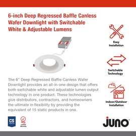 Juno WF6 Dreg B ALO20 SWW5 90CRI MW M6 Canless Wafer Recessed LED Downlight, Deep Regressed Baffled Trim Style, 6-Inch, Matte White