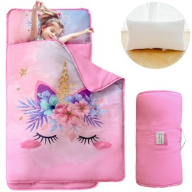 KINBEDY Rainbow Unicorn Toddler Nap Mat for Preschool Daycare Kindergarten Girls Floral Pink Kids Sleeping Mats Nap Time Pillow and Blanket Set Fleece Sleeping Bag Pad for Camping Travel