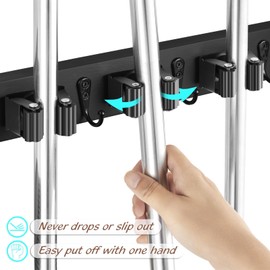 OUTNILI Mop and Broom Holder Wall Mount - Rustic Wood Broom Mop Hanger - Wall Mounted Garden Tool Rack Organizer for Closet Garage Laundry Room Kitchen Decor With 5 Slots & 4 Hooks